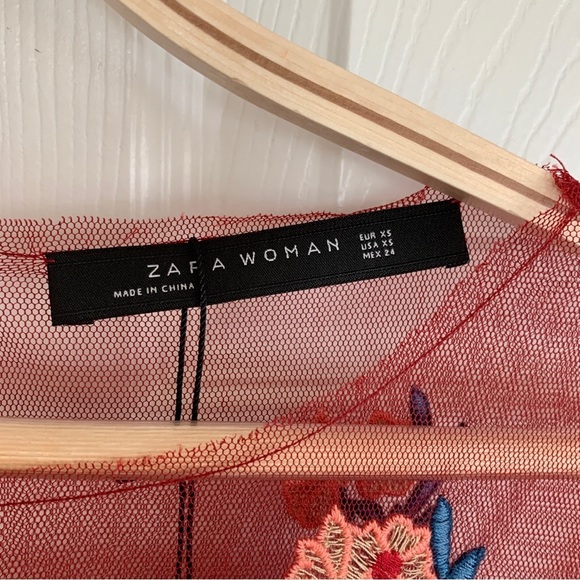 🌹 ZARA Red Embroidered Floral Sheer Tulle Mesh Overlay Ruffle Peplum Top - Picture 9 of 11